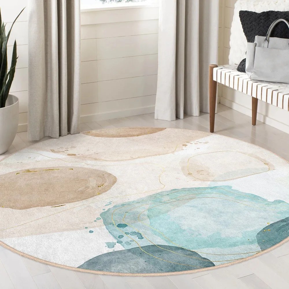 Синьо-бежов кръгъл килим подходящ за пране ø 80 cm Puddle – Mila Home