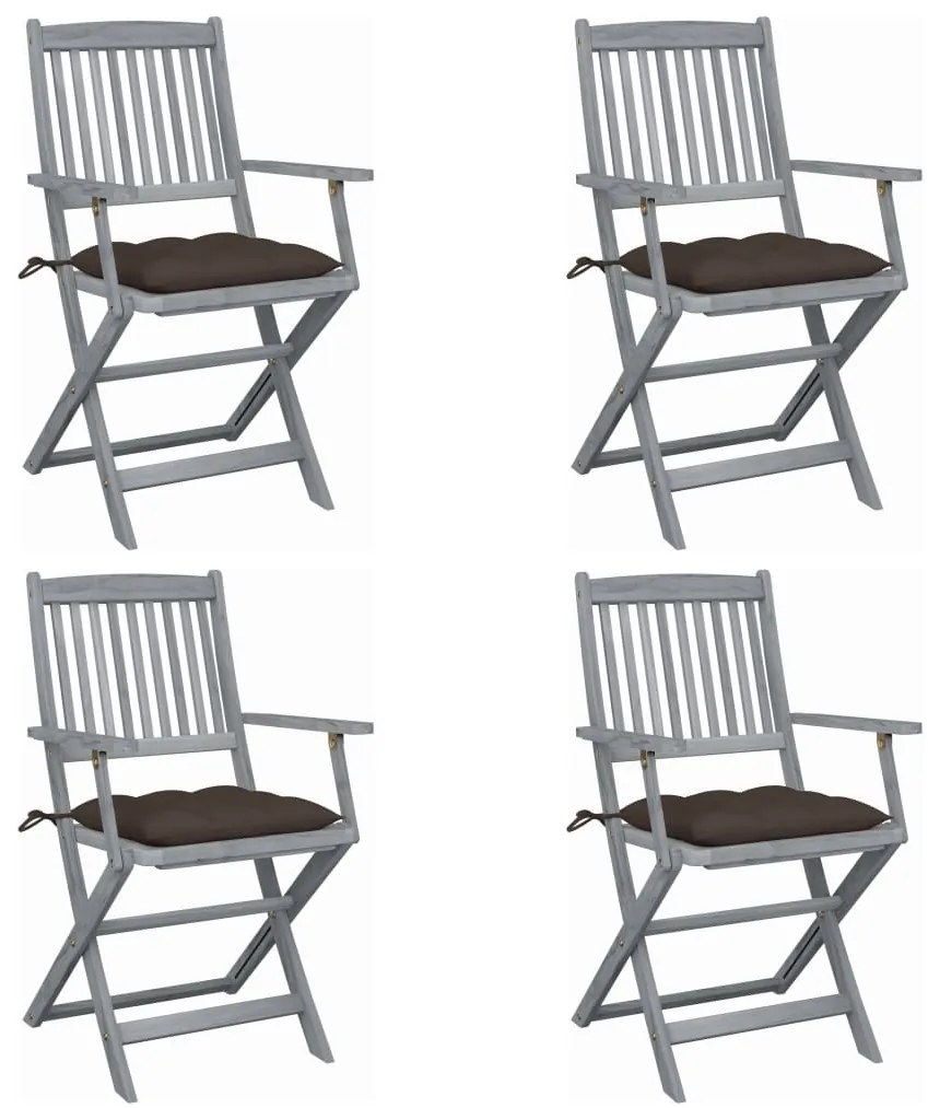 3064532 vidaXL Сгъваеми градински столове, 4 бр, с възглавници, акация масив