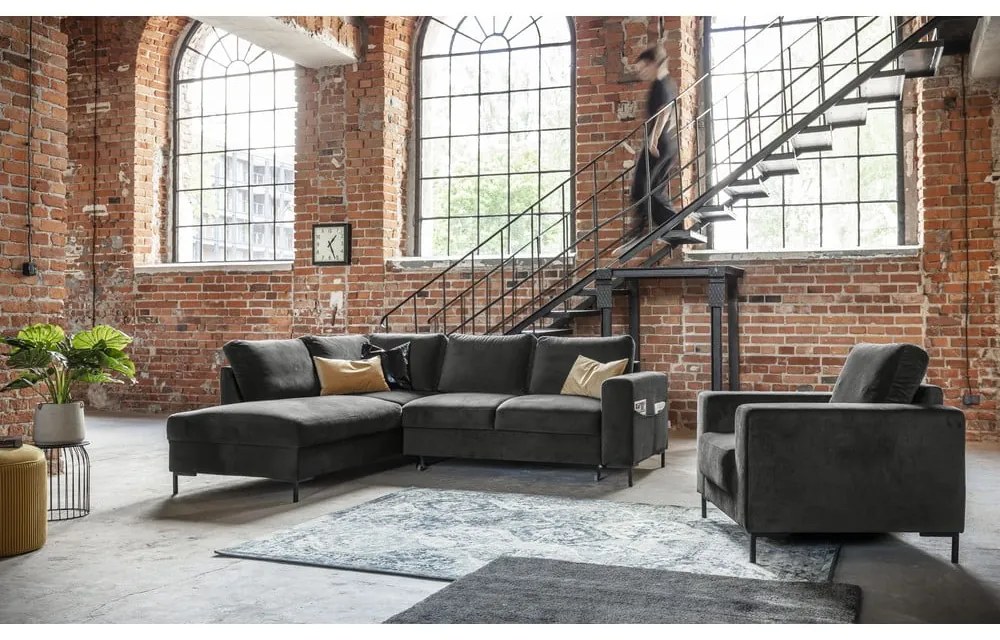 Тъмносив кадифен разтегателен ъглов диван (ляв ъгъл) Lofty Lilly – Miuform