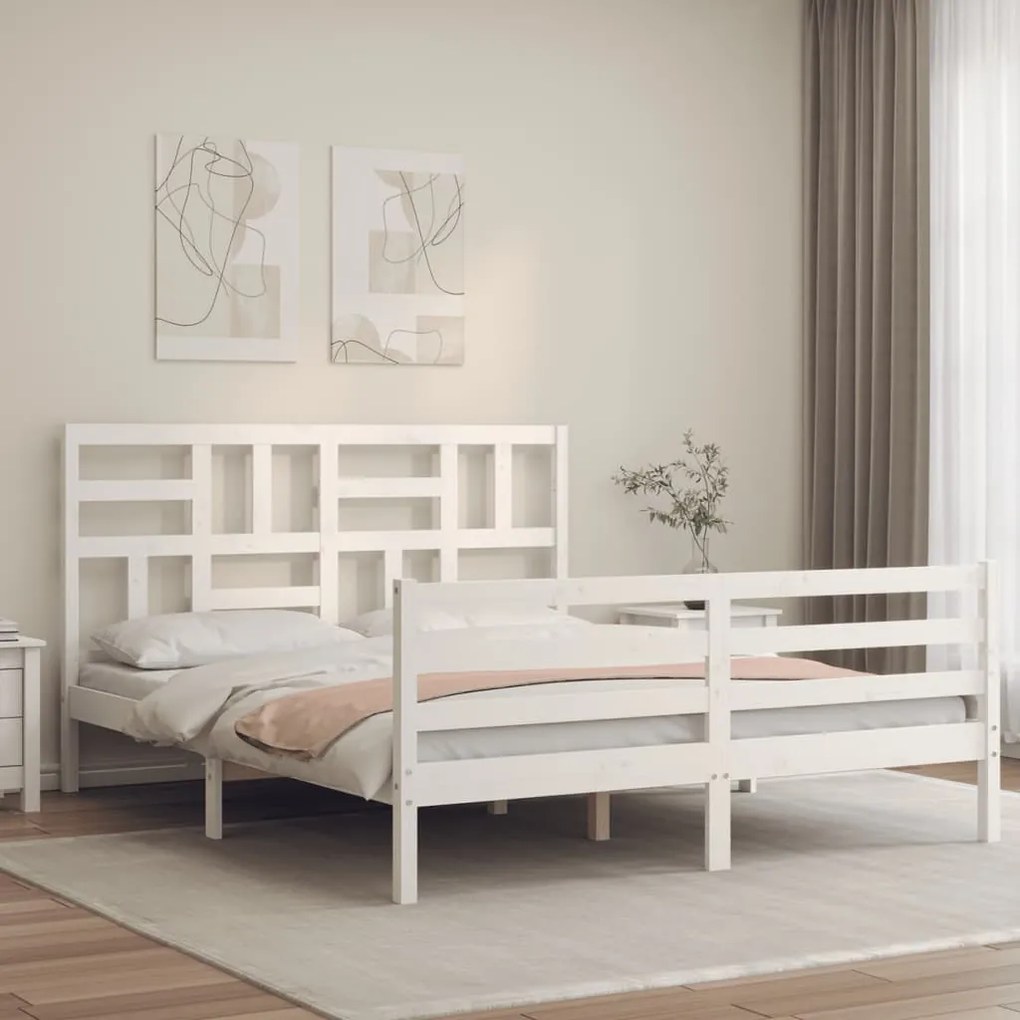 3194902 vidaXL Рамка за легло с табла бяла 5FT King Size масивно дърво