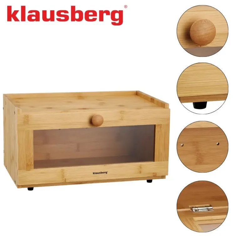 Кутия за хляб Klausberg KB 7923, 35.5 см, Акрилно прозорче, Бамбук, Кафяв