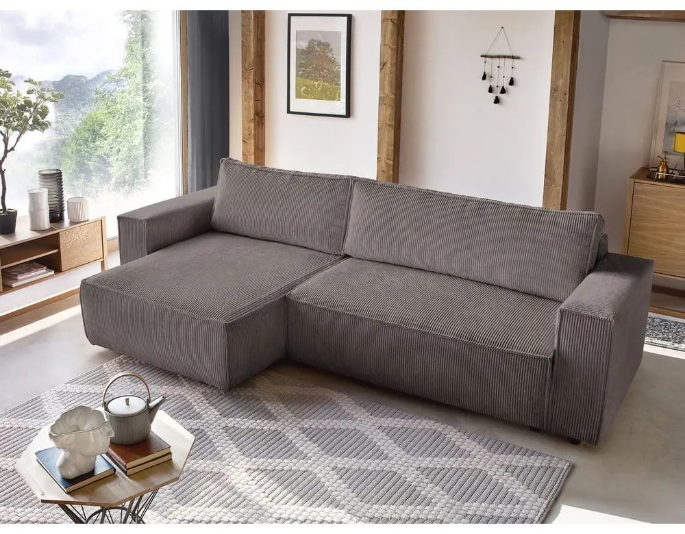 Кафяво-сив сгъваем/с място за съхранение ъглов диван от рипсено кадифе Nihad – Bobochic Paris