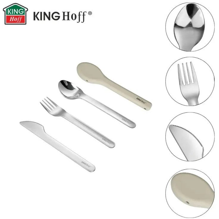 Комплект 3 бр прибори за хранене Kinghoff KH 1954, Силиконов калъф за съхранение, Неръждаема стомана, Сребрист