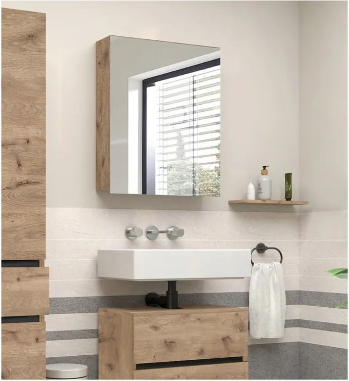 Стенен шкаф за баня с огледало от декор от дъб в естествен цвят 60x70 cm Wisla – Støraa