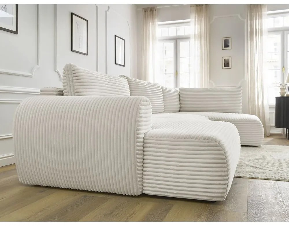 Кремав разтегателен ъглов диван от рипсено кадифе (ляв ъгъл/"U" форма) Lucien – Bobochic Paris