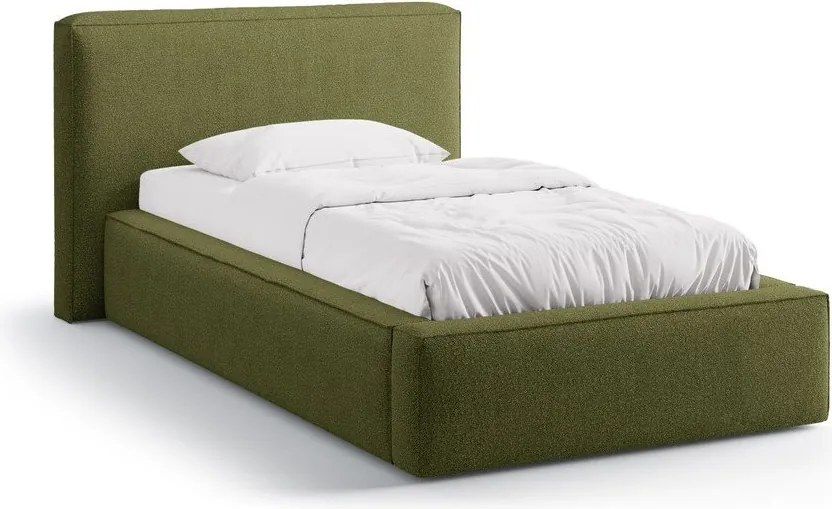 Зелено единично легло 90x200 cm тапицирано с място за съхранение с включена подматрачна рамка Jodie – Micadoni