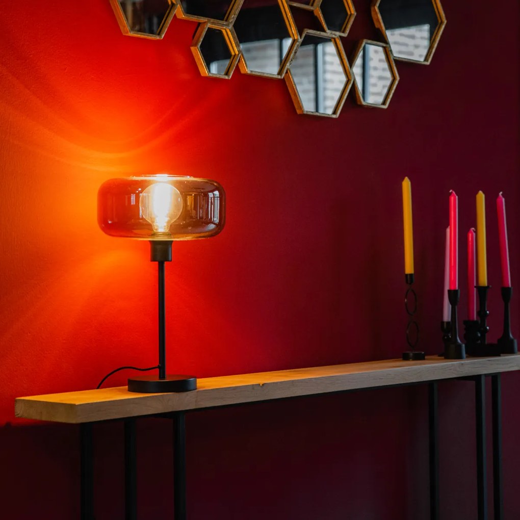 Арт Деко настолна лампа черна с димно стъкло - Bizle