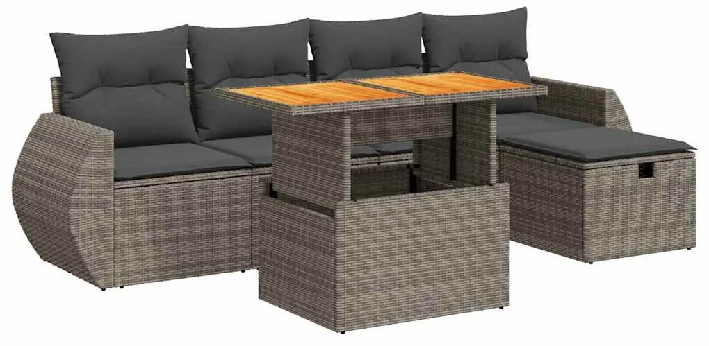 3328054 vidaXL Градински диван с възглавници, 6 части, сив полиратан, акация