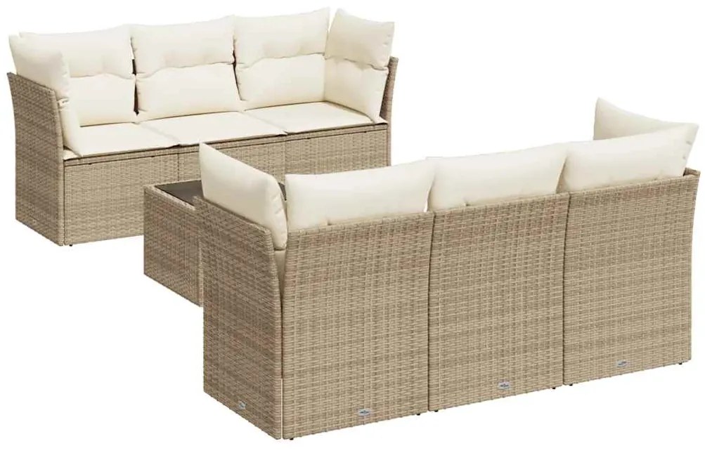 3217258 vidaXL Градински диван с възглавници, 7 части, бежов полиратан