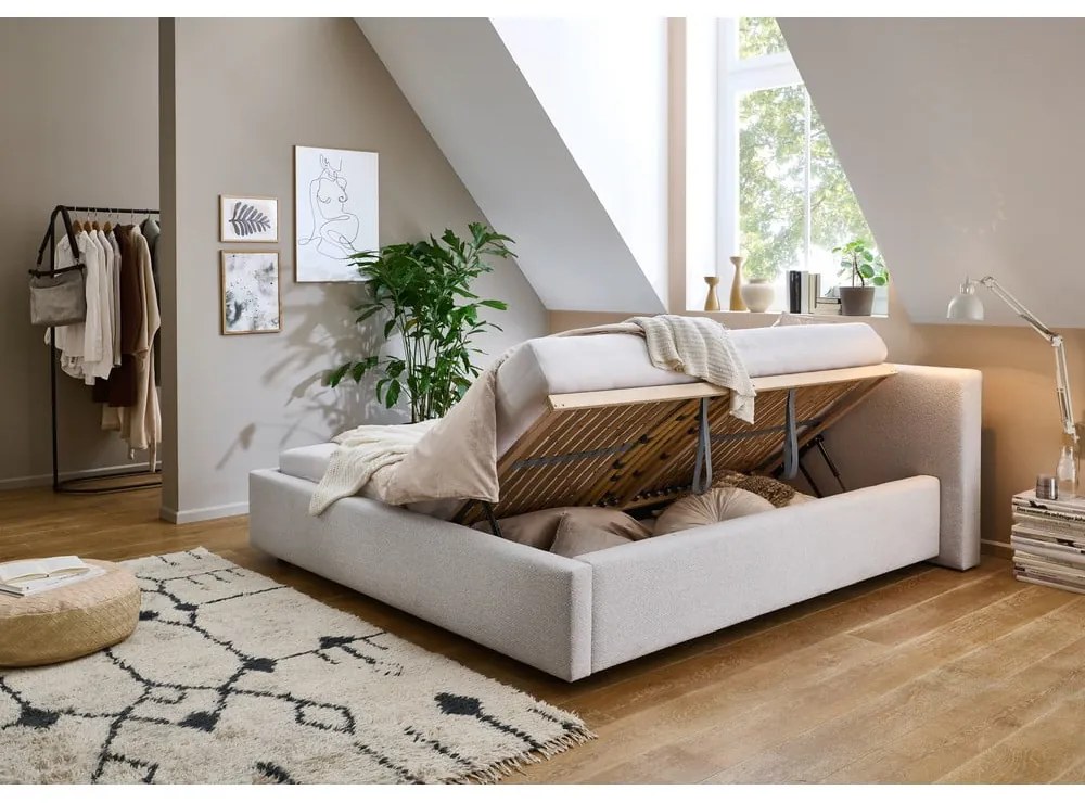 Светлосиво двойно легло 180x200 cm тапицирано с място за съхранение с включена подматрачна рамка Cube – Meise Möbel