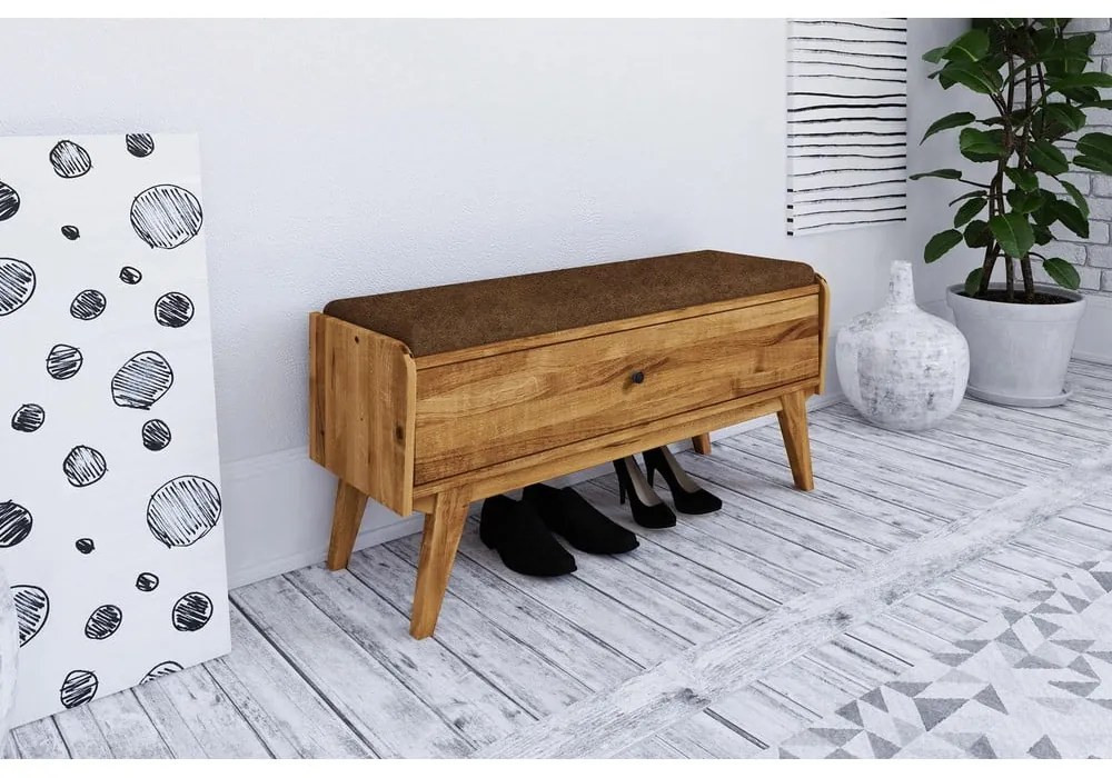 Пейка с място за съхранение от дъбова дървесина с оранжева седалка Retro - The Beds
