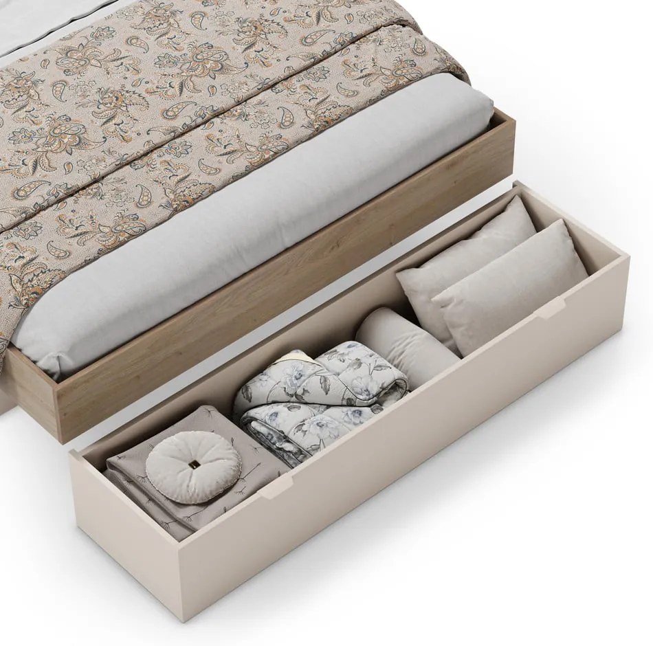 Бяло-естествено двойно легло 160x200 cm от декор от дъб с място за съхранение без ламелно дъно Albo – Marckeric