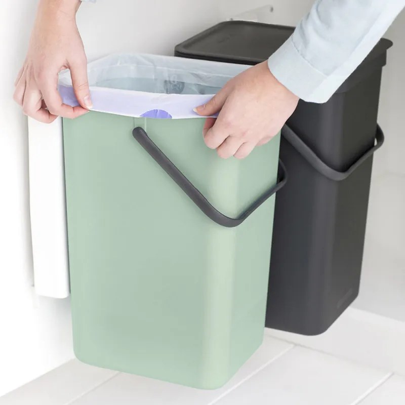 Кош за разделно събиране на боклук Brabantia Sort&Go 1005518, 2x16 л, Монтаж върху врата на кухненски шкаф, Сив/зелен