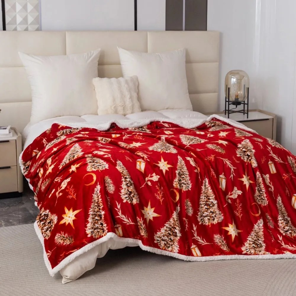 Коледно червено одеяло с мотиви на агне и дърво - топло двустранно одеяло Ширина: 160 см | Дължина: 200 см