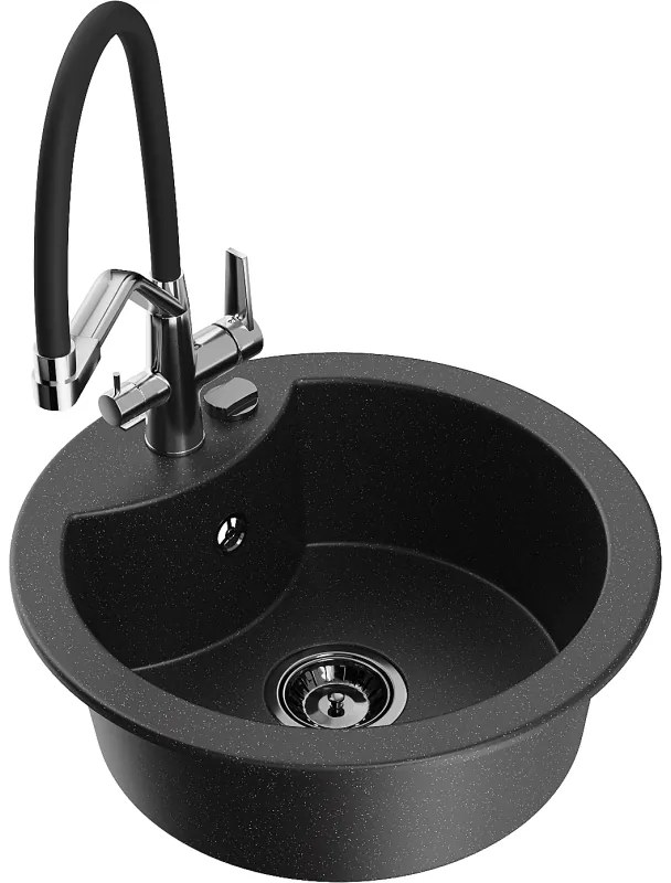Mexen Diego гранитна мивка с 1 корито с кухненски смесител Duo, черен/сребърен металик - 6512-73-671701-07-B