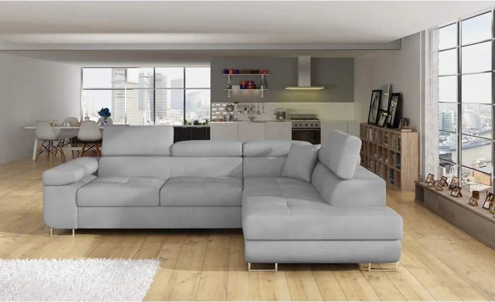 Светлосив кадифен разтегателен ъглов диван с място за съхранение (десен ъгъл L форма) Anton – ELTAP