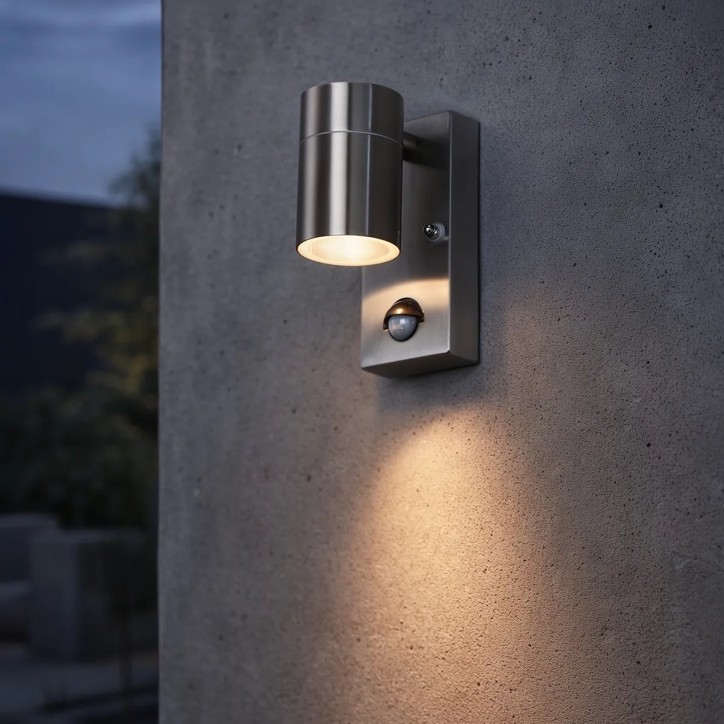 Външна стенна лампа стомана IP44 с датчик за движение - Solo