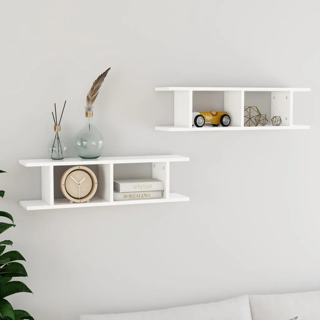 807187 vidaXL Стенни рафтове, 2 бр, бели, 75x18x20 см, инженерно дърво