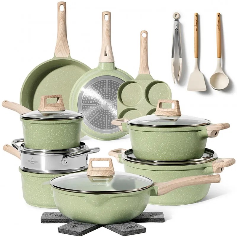 Комплект тенджери и тигани Just Perfecto JL-723, 21 ч, Отливка, Мраморно покритие, Индукция, Съд за готвене на пара, Аксесоари, Зелен