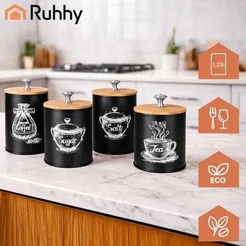 Луксозен комплект кухненски кутии Ruhhy — 4 бр. x 1.5L, херметични с бамбуков капак