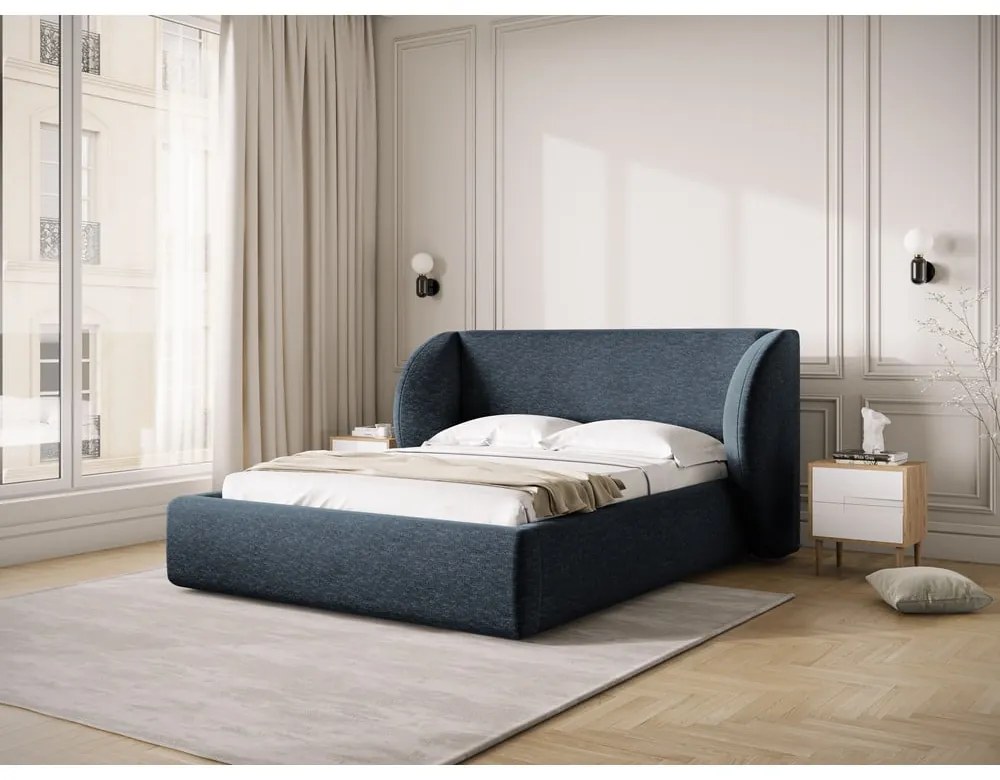 Тъмносиньо двойно тапицирано легло с място за съхранение с включена подматрачна рамка 160x200 cm Miley – Micadoni