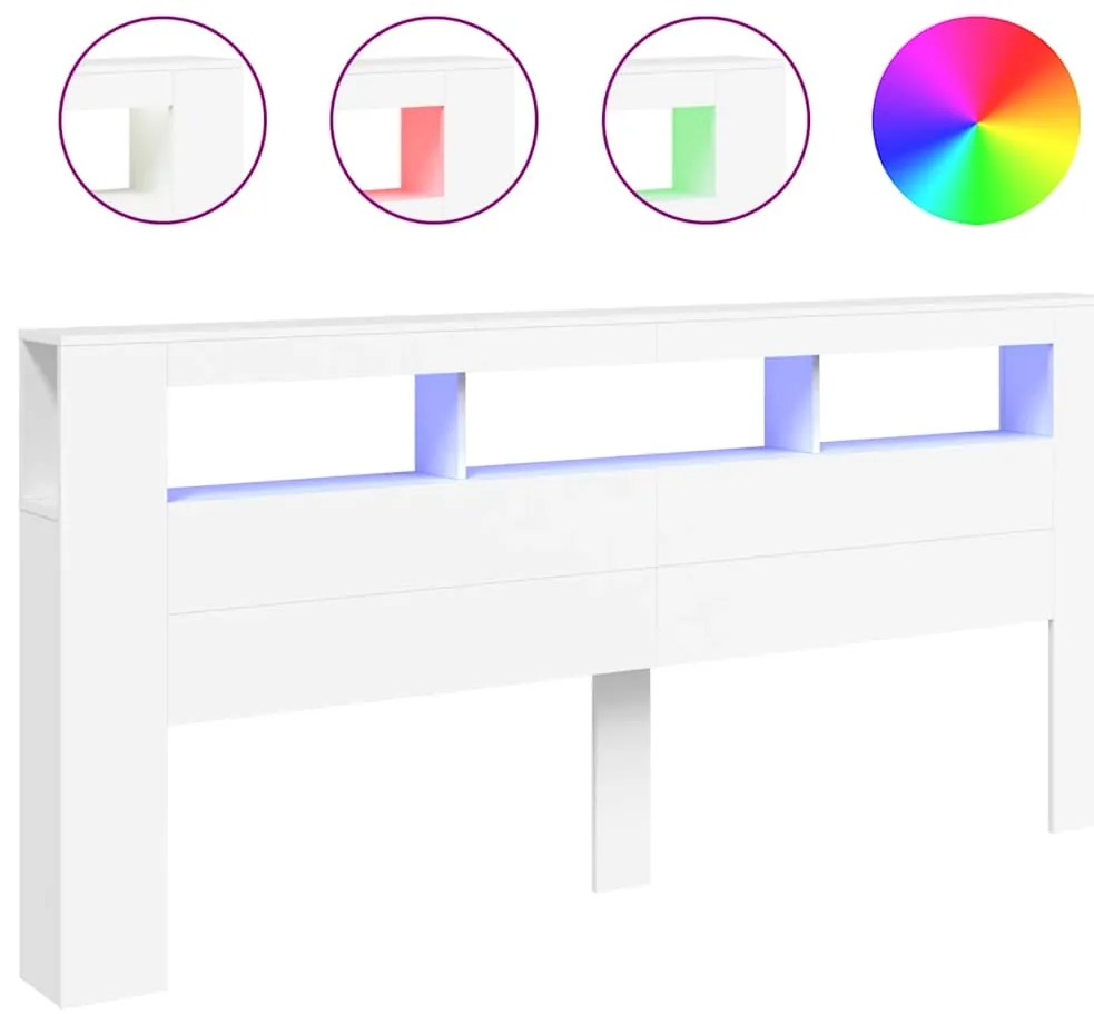 837372 vidaXL LED горна табла, бяла, 220x18,5x103,5 см, инженерно дърво