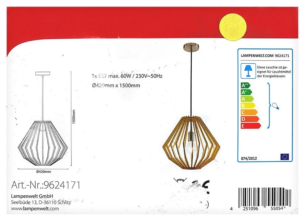 Lindby - Пендел SIGGIE 1xE27/60W/230V