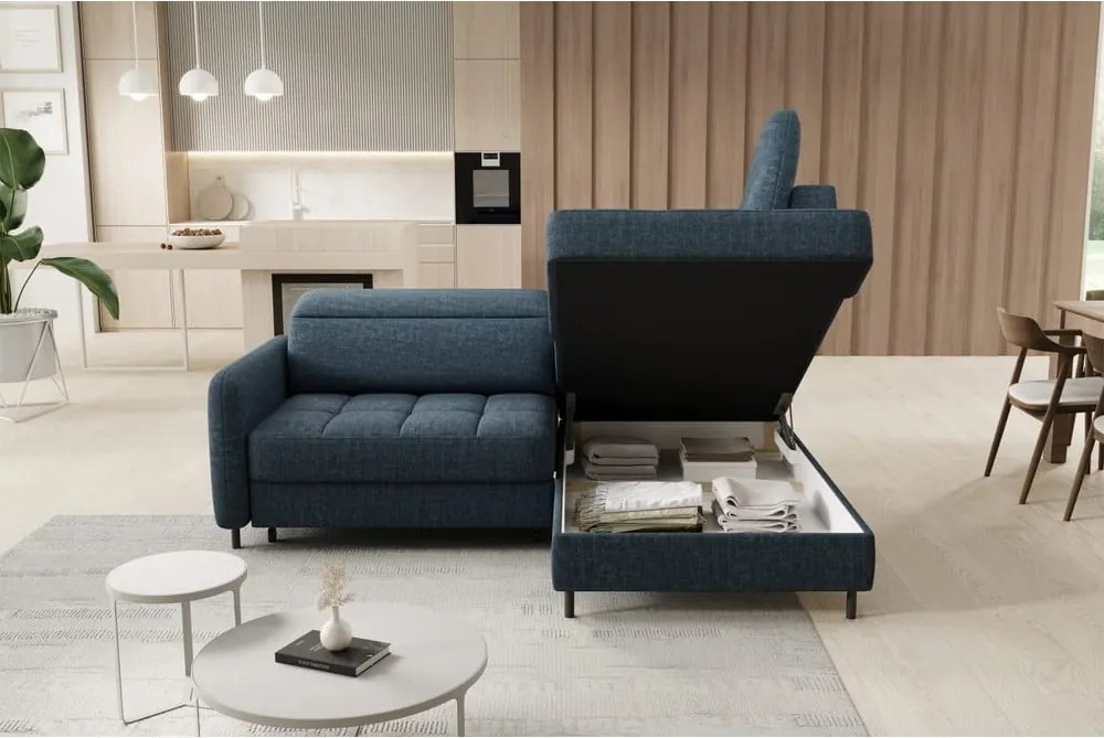 Син кадифен разтегателен ъглов диван с място за съхранение (десен ъгъл L форма) Barea – ELTAP