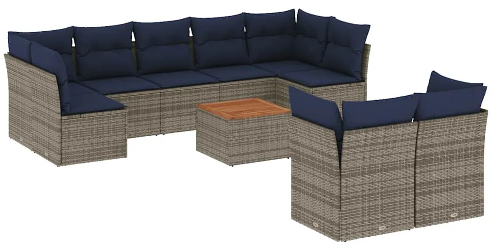 3256145 vidaXL Градински диван с възглавници, 10 части, полиратан, сив