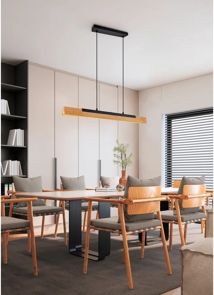 Матово черно LED висящо осветително тяло с дървен абажур Kerala – Trio