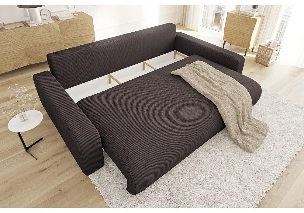 Кафяв разтегателен диван с място за съхранение от рипсено кадифе 234 cm Sara – Ropez