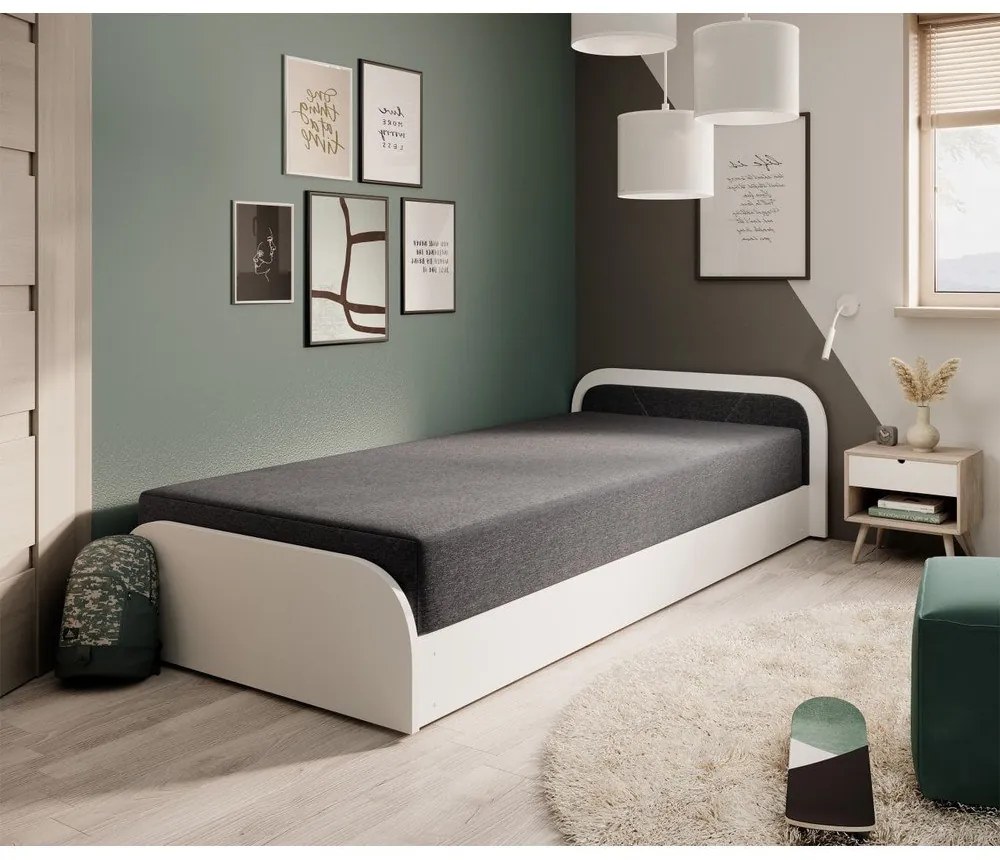 Бяло/тъмносиво единично легло 80x190 cm тапицирано/ПДЧ с място за съхранение с включен матрак Parys – ELTAP