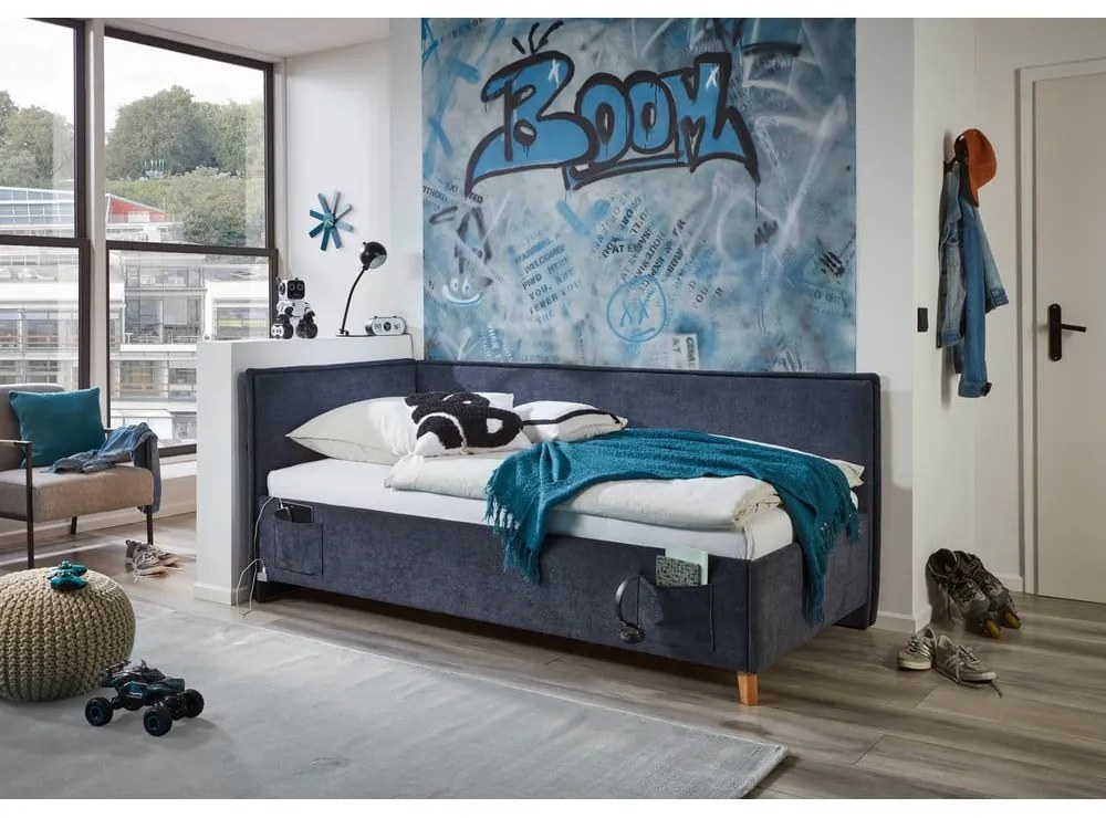 Тъмносиньо тапицирано ъглово детско легло 120x200 cm с място за съхранение с включена подматрачна рамка Fun – Meise Möbel