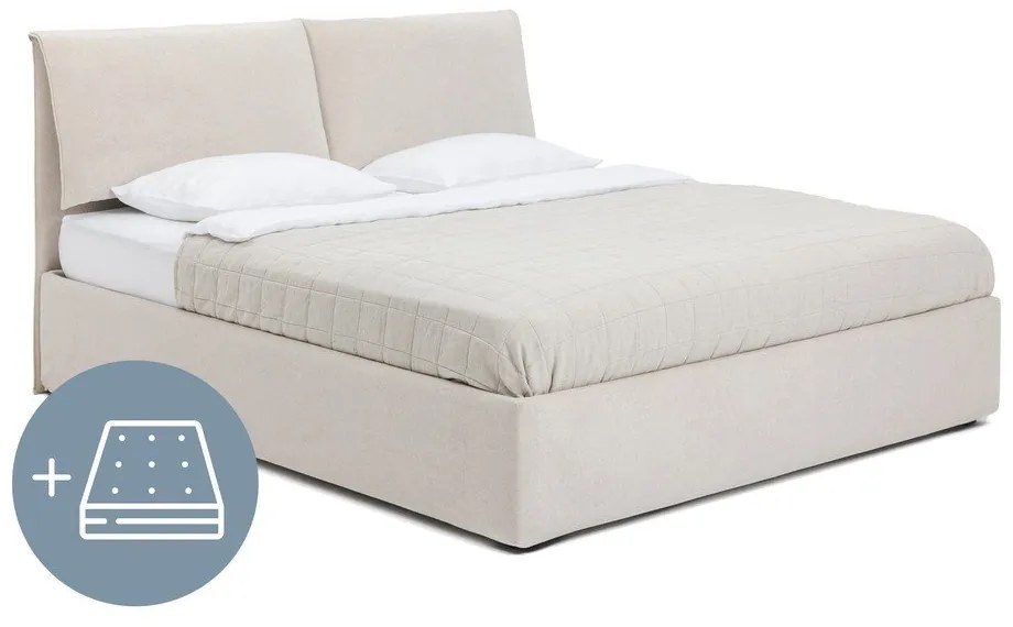 Бежово тапицирано двойно легло с място за съхранение и матрак с решетка 180x200 cm Thessa Pillow - Bonami Selection