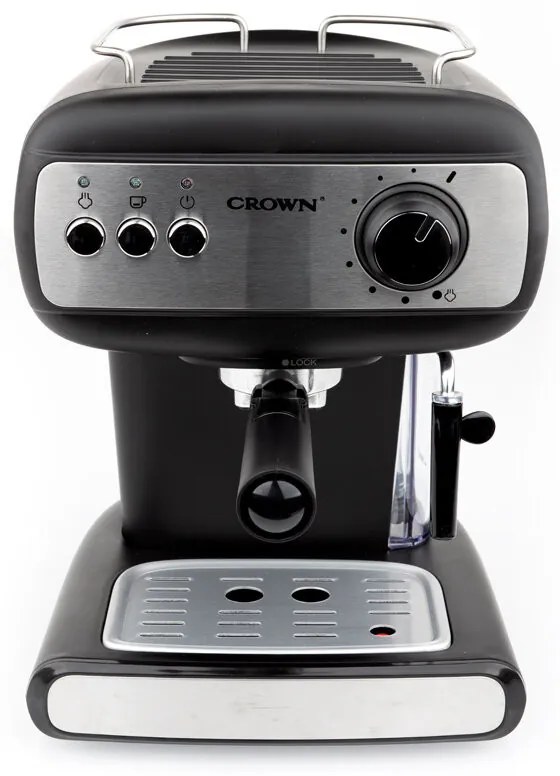 Еспресо машина Crown CEM-1525, 850W, 15 bar, 1.2 л, Подгряване на чаши, Пара, Подвижен резервоар, Крема диск, Черен