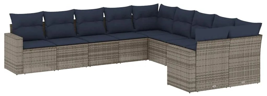 3219501 vidaXL Градински диван с възглавници, 10 части, полиратан, сив