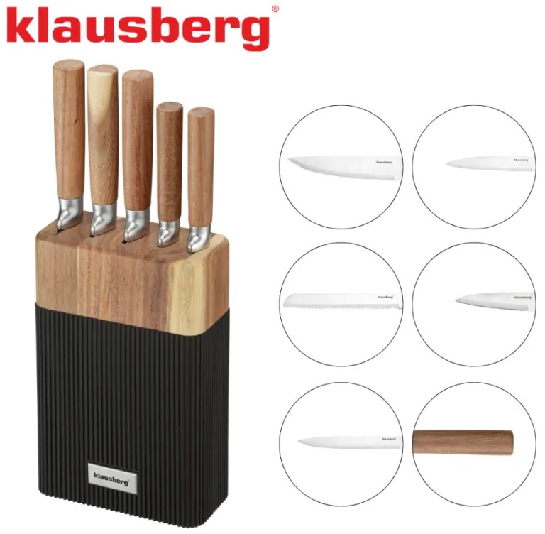 Комплект ножове Klausberg KB 7981, 6 части, Неръждаема стомана, Стойка, Кафяв/графит