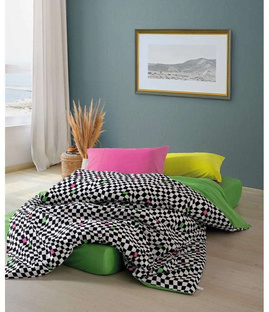 Черно-бяло двойно удължено спално бельо от памук Renforcé с включен долен чаршаф, 4 части 200x220 cm Dazzle – Mijolnir