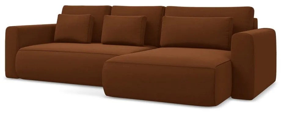 Теракотен кадифен разтегателен ъглов диван с място за съхранение (десен ъгъл) Kapua – Makamii