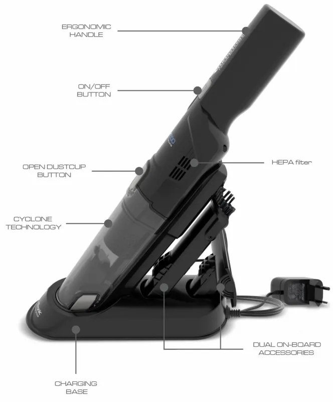 Безжична акумулаторна прахосмукачка TurboTronic TT-LUX500, Li-Ion 2600 mAh, 90W, 12kPA, 150ml, Автономия до 12 мин, HEPA, 2 скорости, Черен