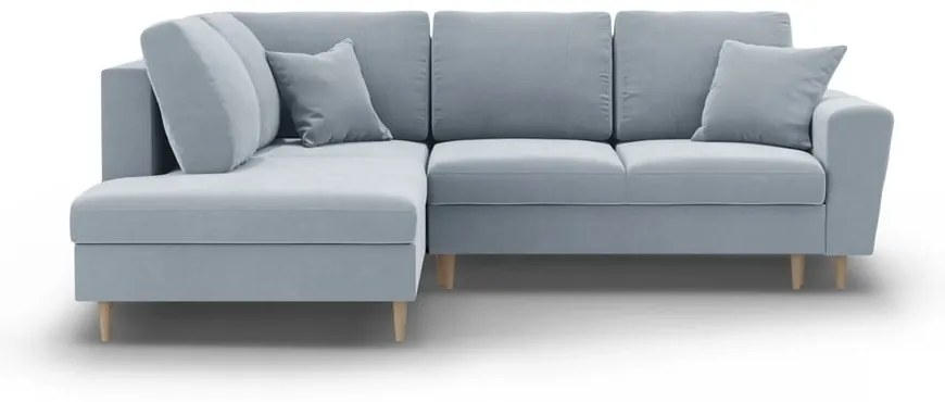 Светлосин кадифен разтегателен ъглов диван с място за съхранение (ляв ъгъл/L форма) Kyoto – Cosmopolitan Design