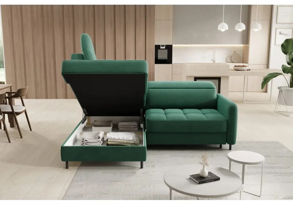 Зелен кадифен разтегателен ъглов диван с място за съхранение (ляв ъгъл L форма) Barea – ELTAP