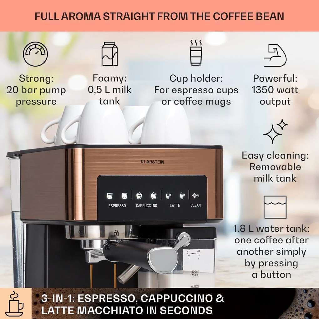 Klarstein Arabica Comfort, кафемашина с портафилтър, 1350W, 20 бара, 1,8 литра, тъч панел