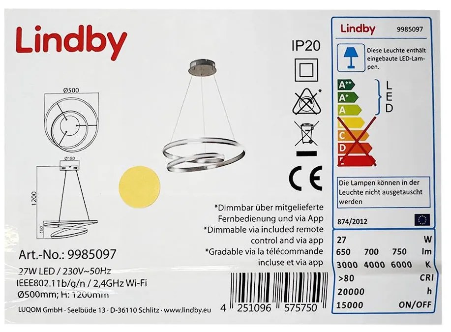 Lindby - LED Димируем пендел SMART VERIO LED/27W/230V + д.у.