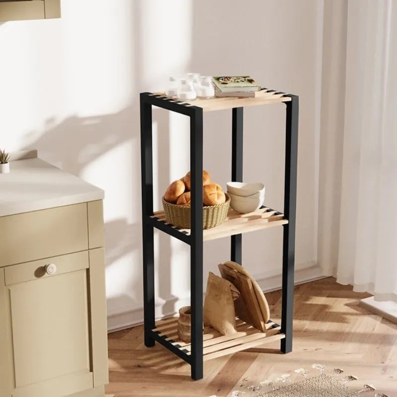 Нощно шкафче - Дървена етажерка - пластмасов цвят натурален - черен 37x29x79см.