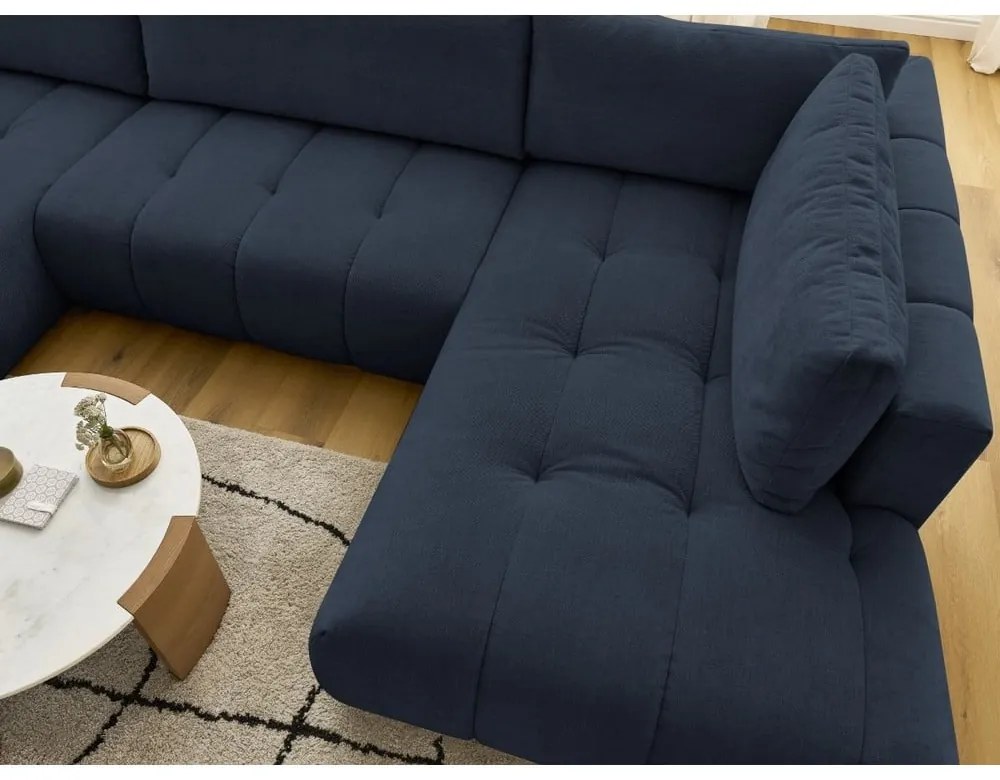 Тъмносин сгъваем/с място за съхранение ъглов диван (десен ъгъл/U форма) Fuji – Bobochic Paris