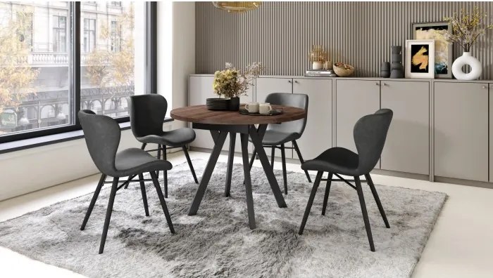 АЛМО Дъб Кафяв/черни крака - КРЪГЛА РАЗТЕГАТЕЛНА МАСА С Y-ОБРАЗНИ КРАКА В ЛОФТ/ИНДУСТРИАЛЕН СТИЛ ЗА ХОЛ ИЛИ ТРАПЕЗАРИЯ