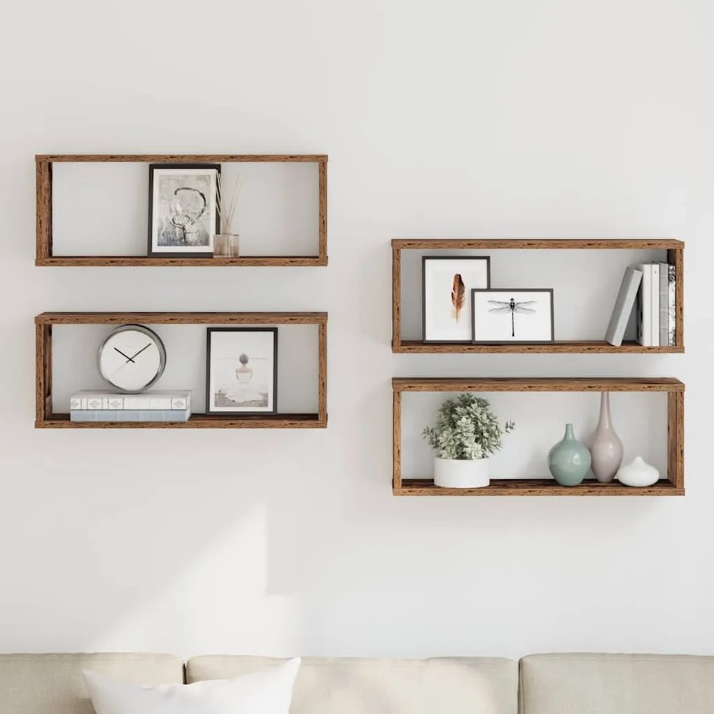 856587 vidaXL Wall Cube Shelves 4 бр. старо дърво 60x15x23 cm