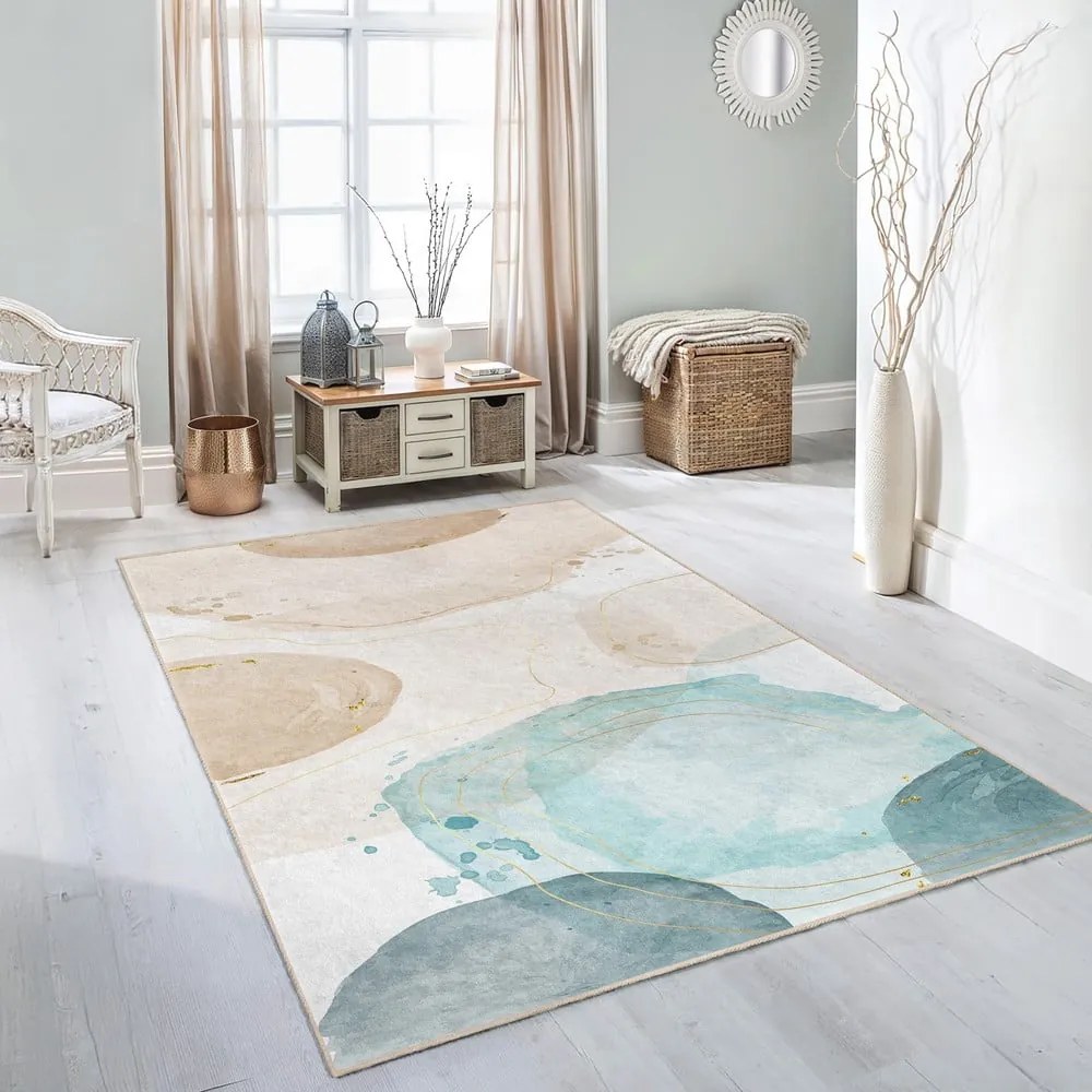 Кремаво-тюркоазена пътека подходяща за пране 80x200 cm Puddle – Mila Home