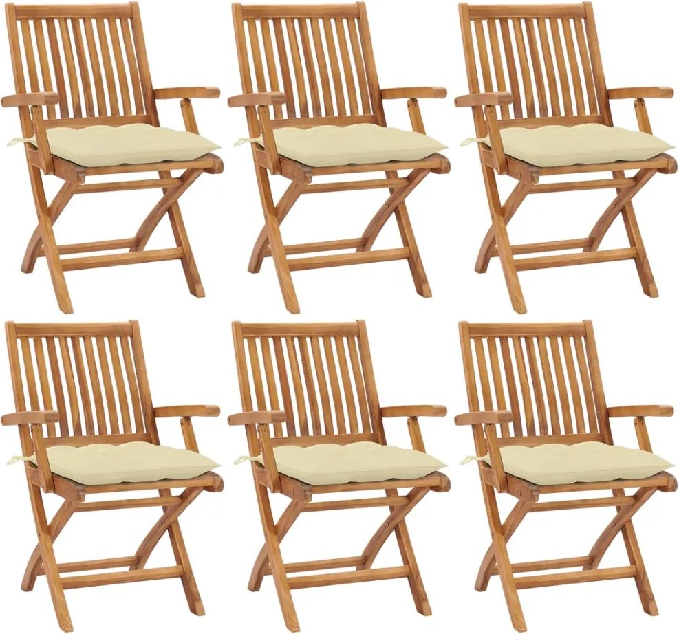 3072767 vidaXL Сгъваеми градински столове с възглавници, 6 бр, тик масив